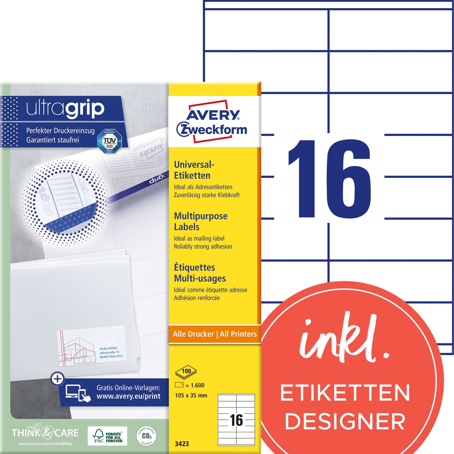 AVERY ZWECKFORM Etiketten 105×35mm 3423 weiss 1600 Stk./100 Blatt Idealshop