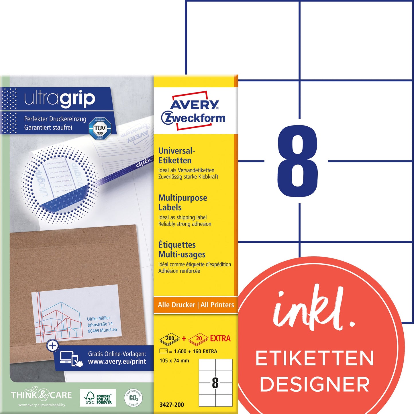 AVERY ZWECKFORM Etiketten 105x74mm 3427-200 weiss 1760 Stk./200+20 Blatt Idealshop