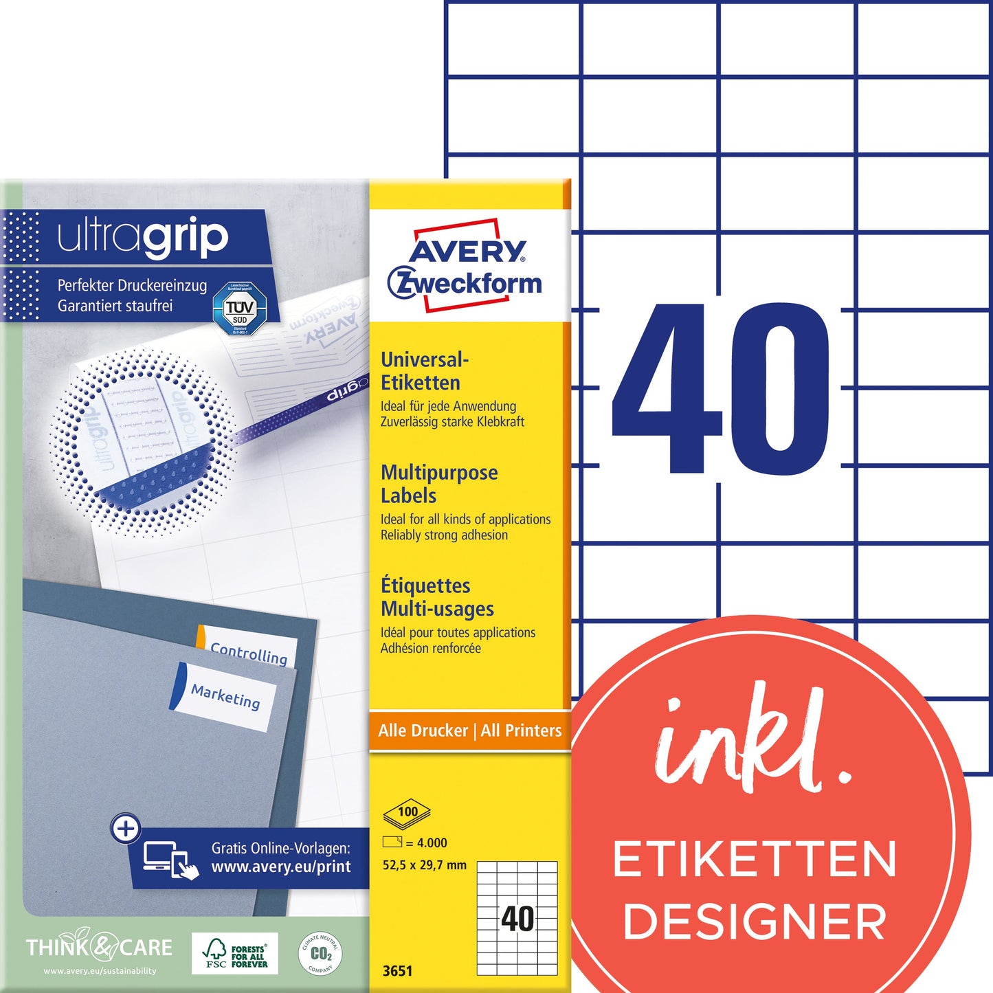 AVERY ZWECKFORM Universal-Etikett. 52,5x29,7mm 3651 weiss 4000 Stk./100 Blatt Idealshop