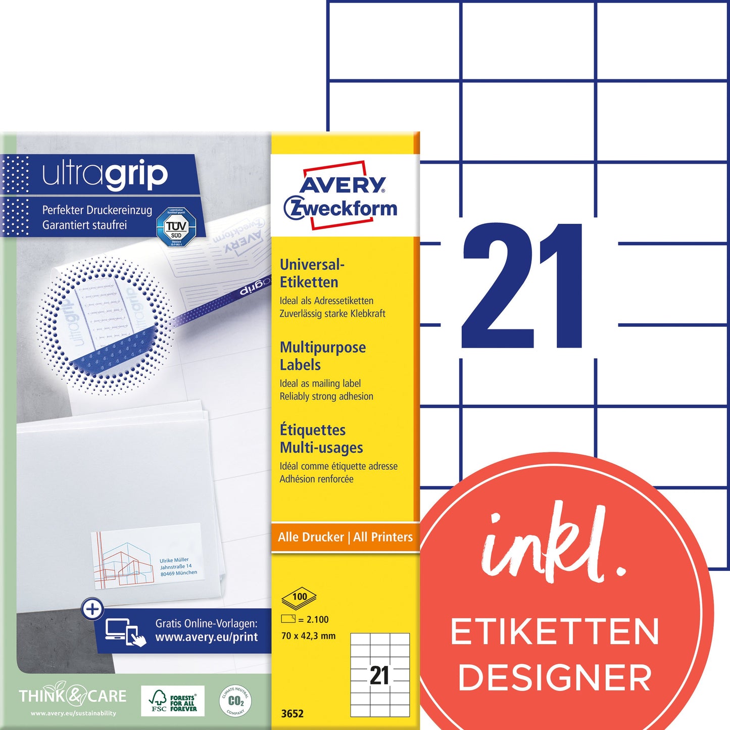 AVERY ZWECKFORM Etiketten 70x42,3mm 3652 weiss 2100 Stk./100 Blatt Idealshop