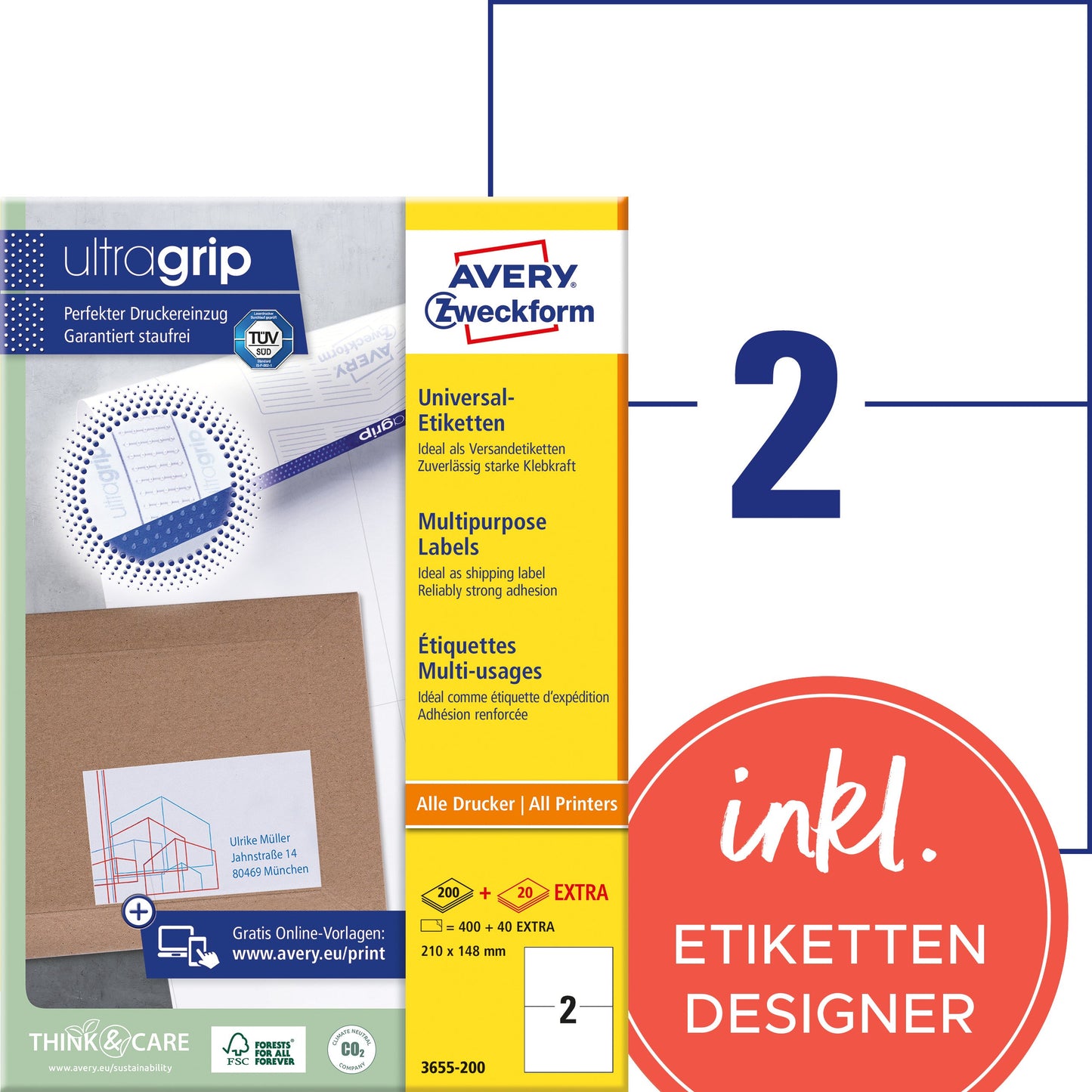 AVERY ZWECKFORM Etiketten 210×148mm 3655-200 weiss 440 Stk./200+20 Blatt Idealshop