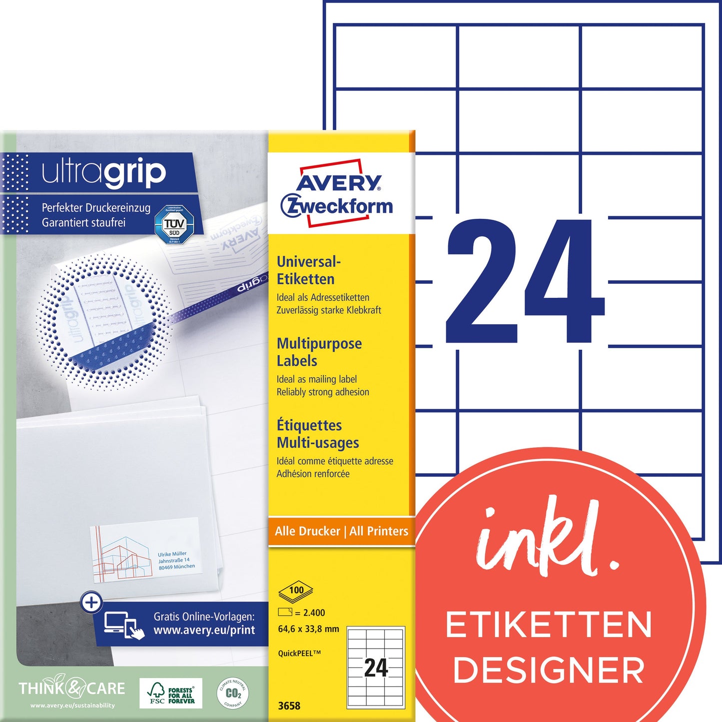 AVERY ZWECKFORM Universal-Etikett. 64.6x33.8mm 3658 weiss 2400 Stk./100 Blatt Idealshop