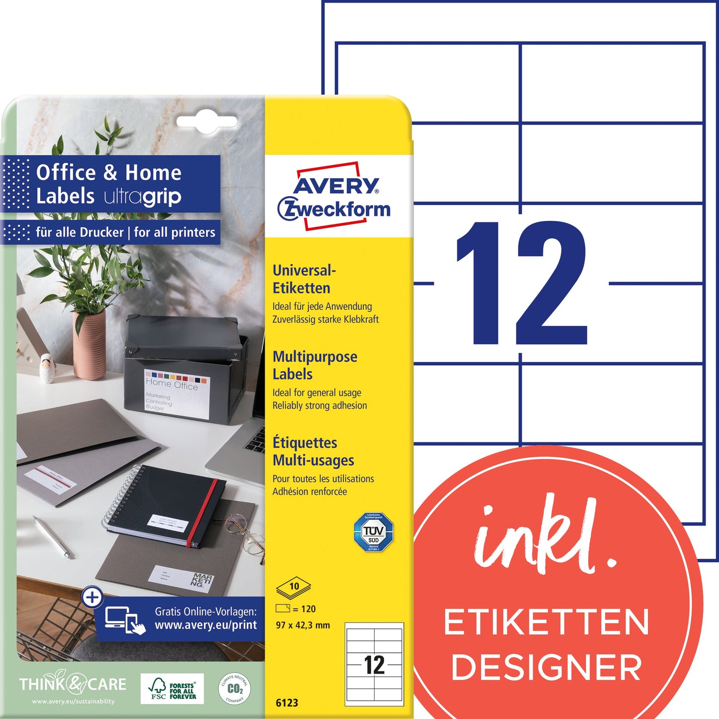 AVERY ZWECKFORM Etiketten 97x42,3mm 6123 weiss 120 Stk./10 Blatt Idealshop
