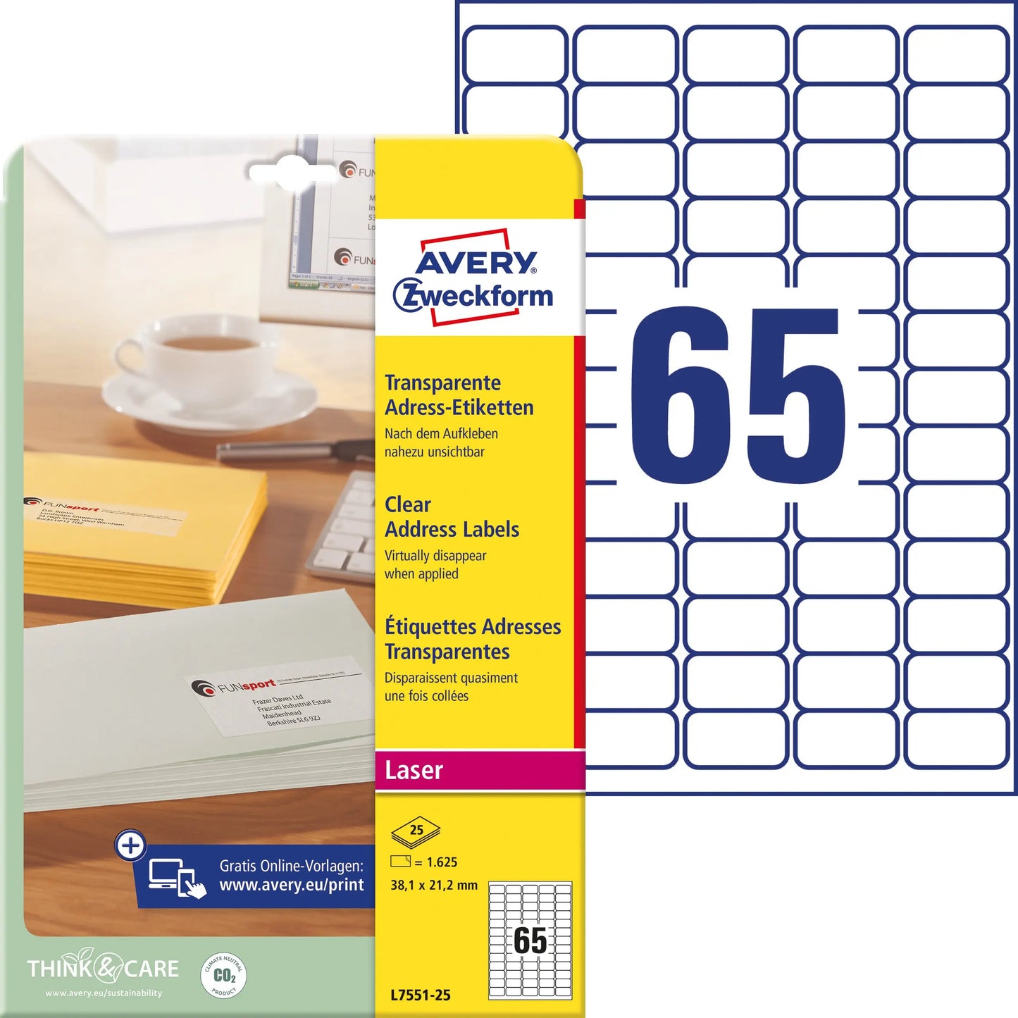 AVERY ZWECKFORM Adress-Etik. Laser 38x21,2mm L7551-25 transparent 1625 St./25 Blatt Idealshop