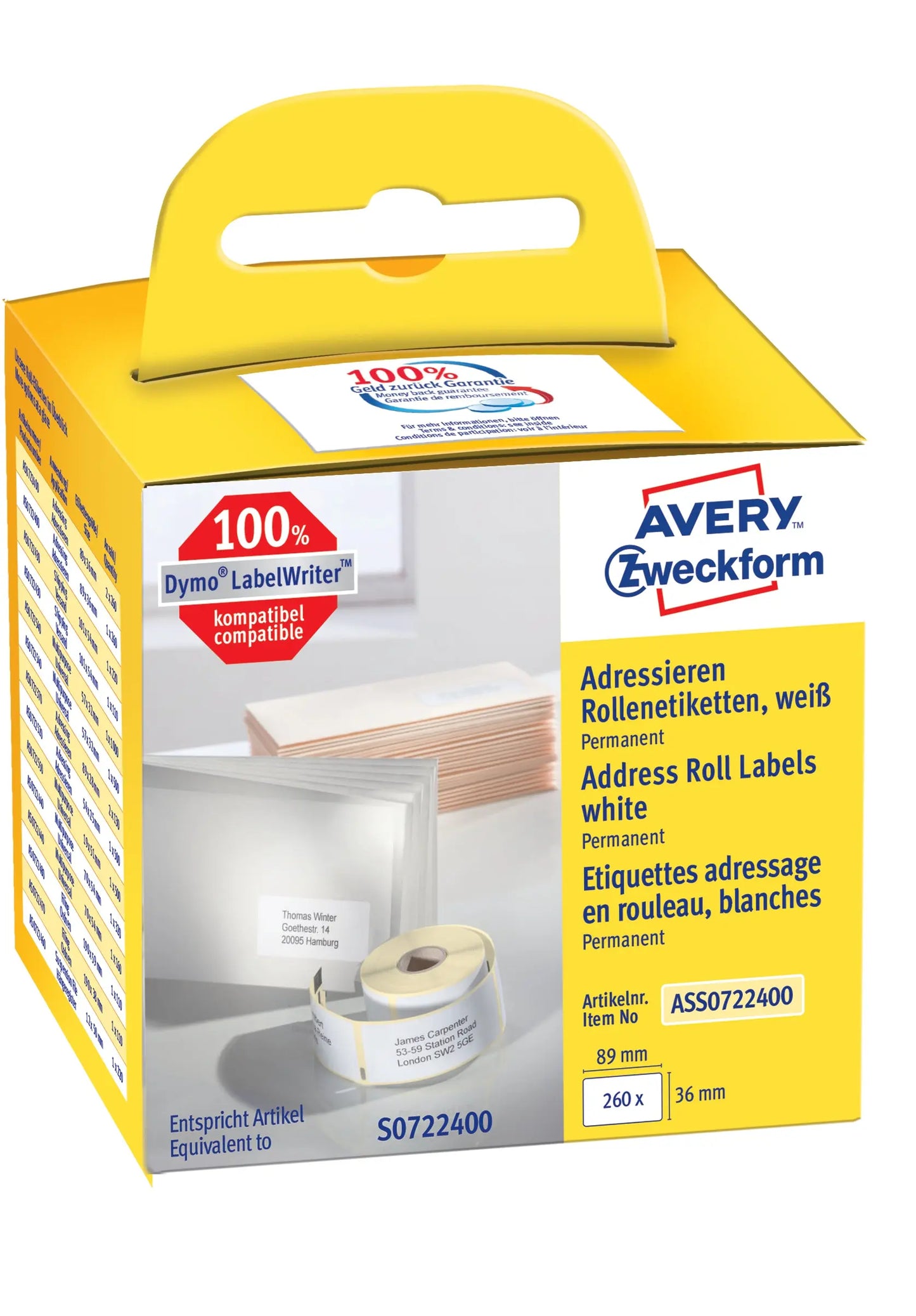 AVERY ZWECKFORM Adress-Etiketten 89x36mm ASS0722400 weiss, Rolle 260 Stück Idealshop