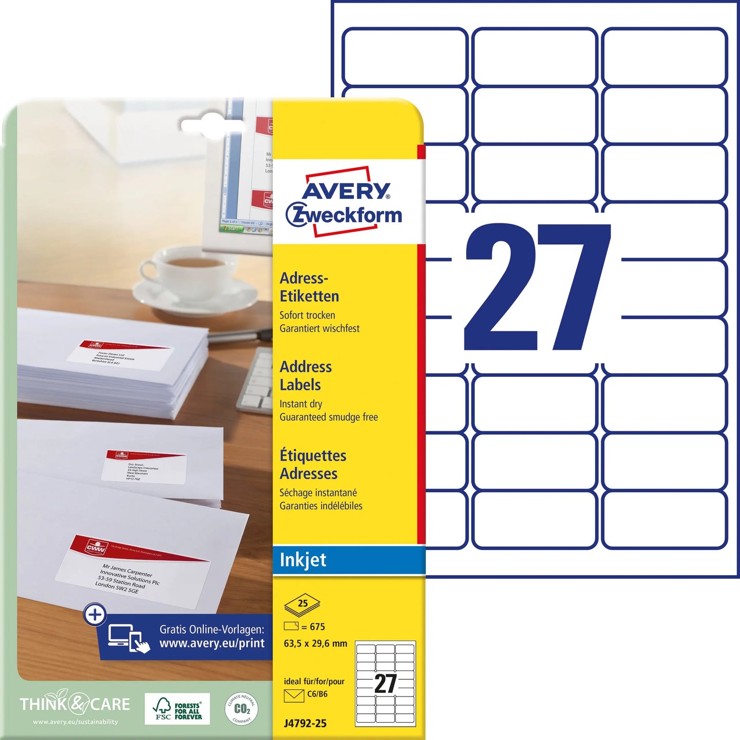 AVERY ZWECKFORM Adressetiketten 63,5x29,6mm J4792-25 InkJet, weiss 675 Stk./25 Bl. Idealshop