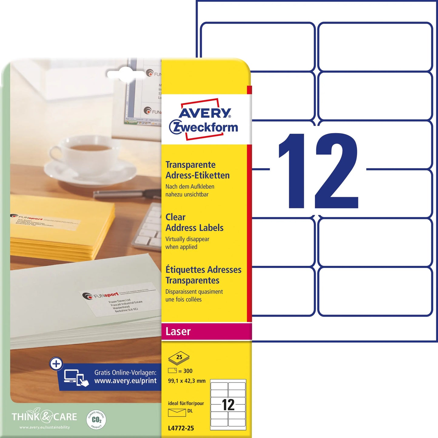 AVERY ZWECKFORM Adressetiketten 99,1x42,3mm L4772-25 Laser, transp. 300Stk./25Bl. Idealshop