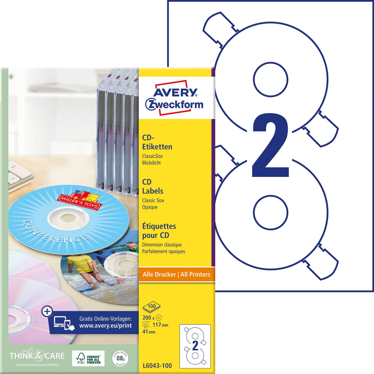AVERY ZWECKFORM CD-Etiketten Classic 117mm L6043-100 ILK A4, weiss 100Bl./2St. Idealshop