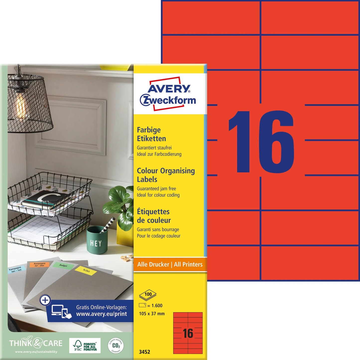 AVERY ZWECKFORM Etiketten 105×37mm 3452 rot 1600 Stück Idealshop