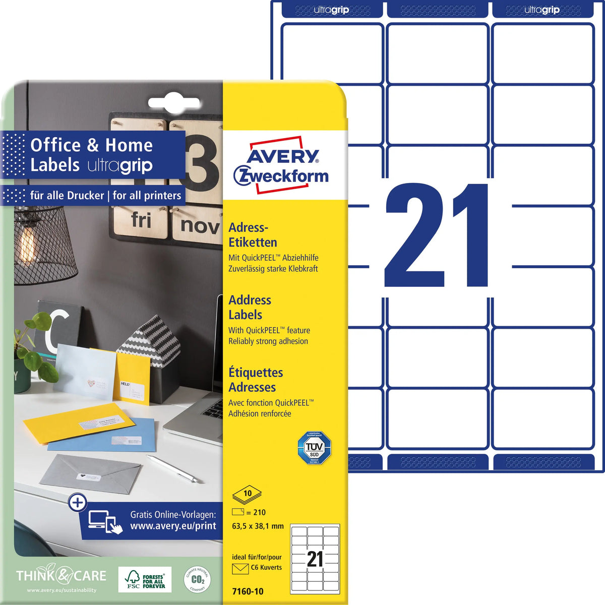 AVERY ZWECKFORM Etiketten 38.1x63.5mm 7160-10 weiss, perm. 10 Blatt/21 Stk. Idealshop