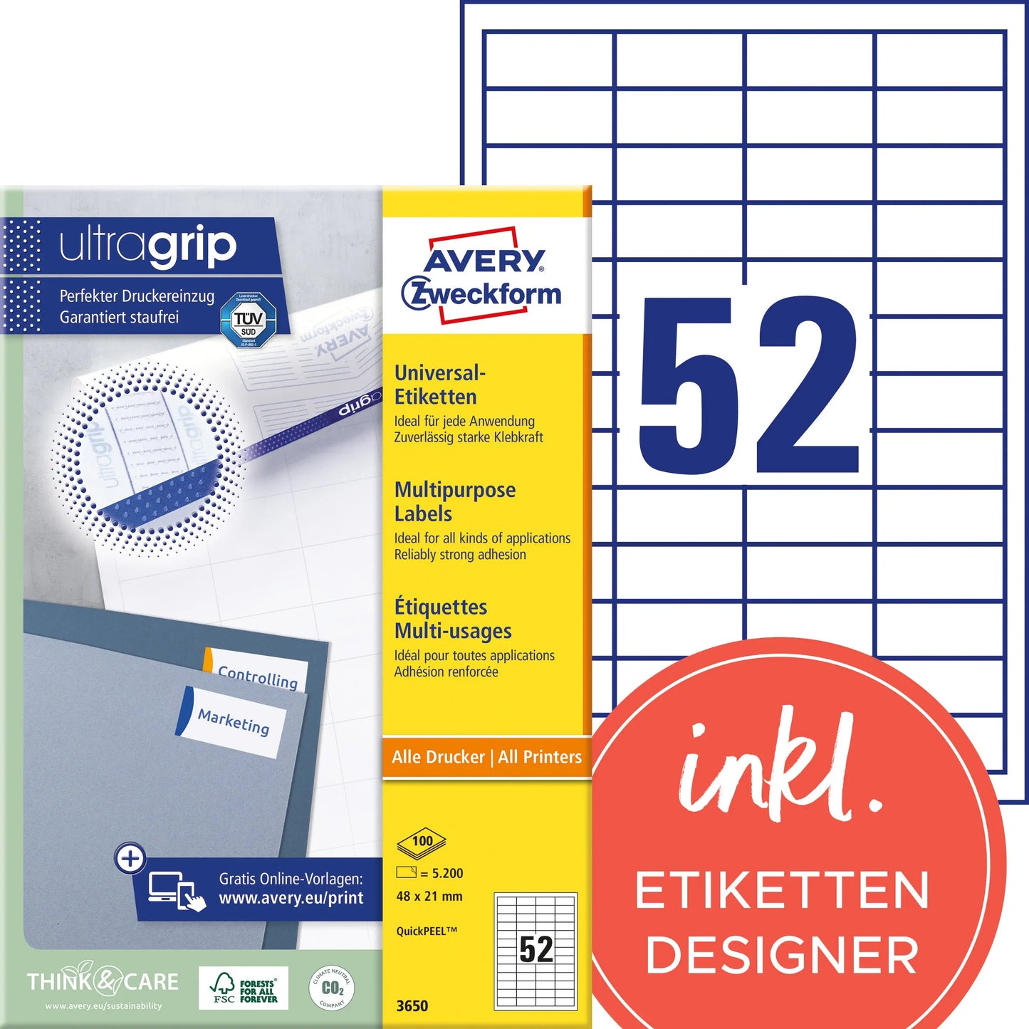AVERY ZWECKFORM Etiketten 48x21mm 3650 weiss 5200 Stk./100 Blatt Idealshop