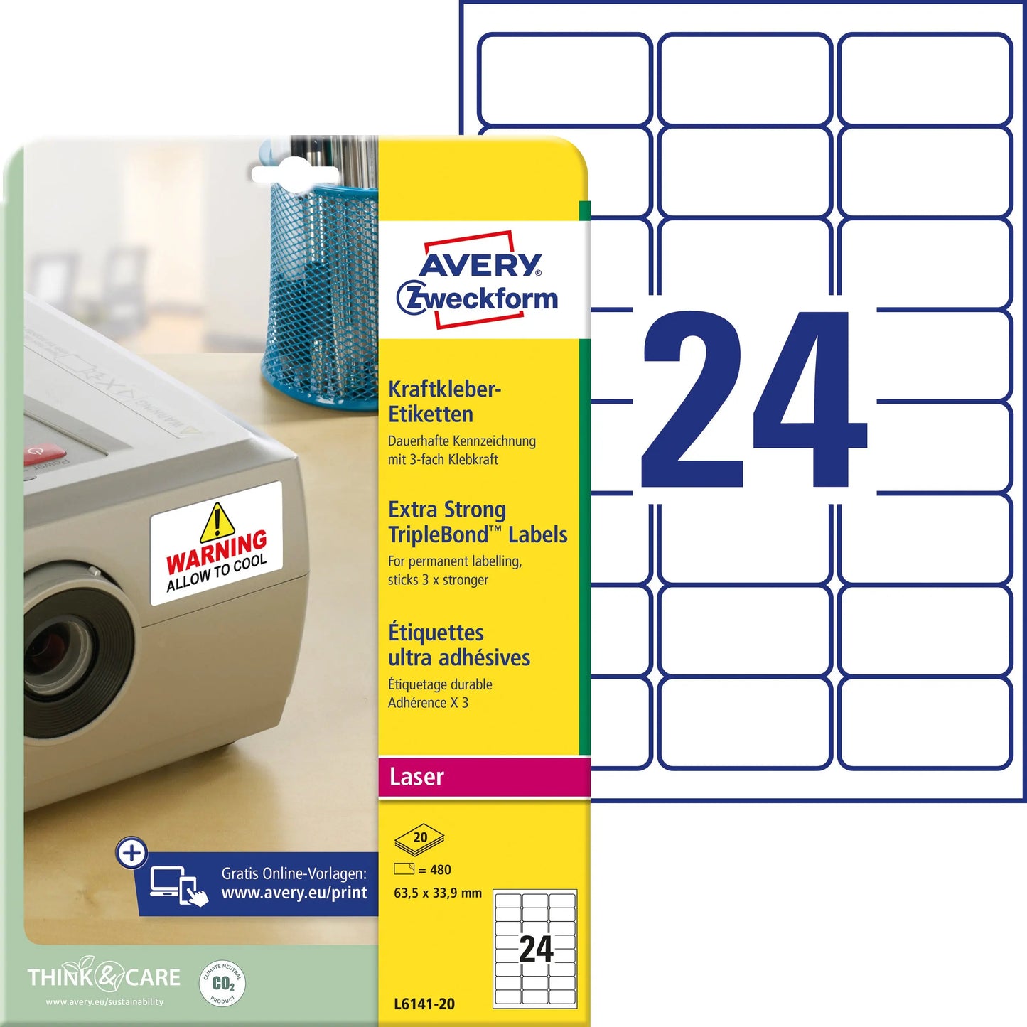 AVERY ZWECKFORM Etiketten 63,5×33,9mm L6141-20 Kraft 480 Stück Idealshop