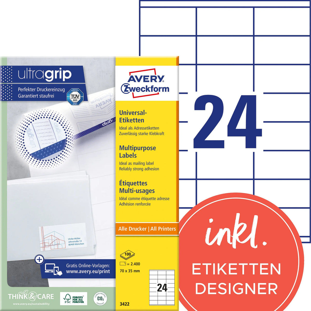 AVERY ZWECKFORM Etiketten 70x35mm 3422 weiss 2400 Stk./100 Blatt Idealshop