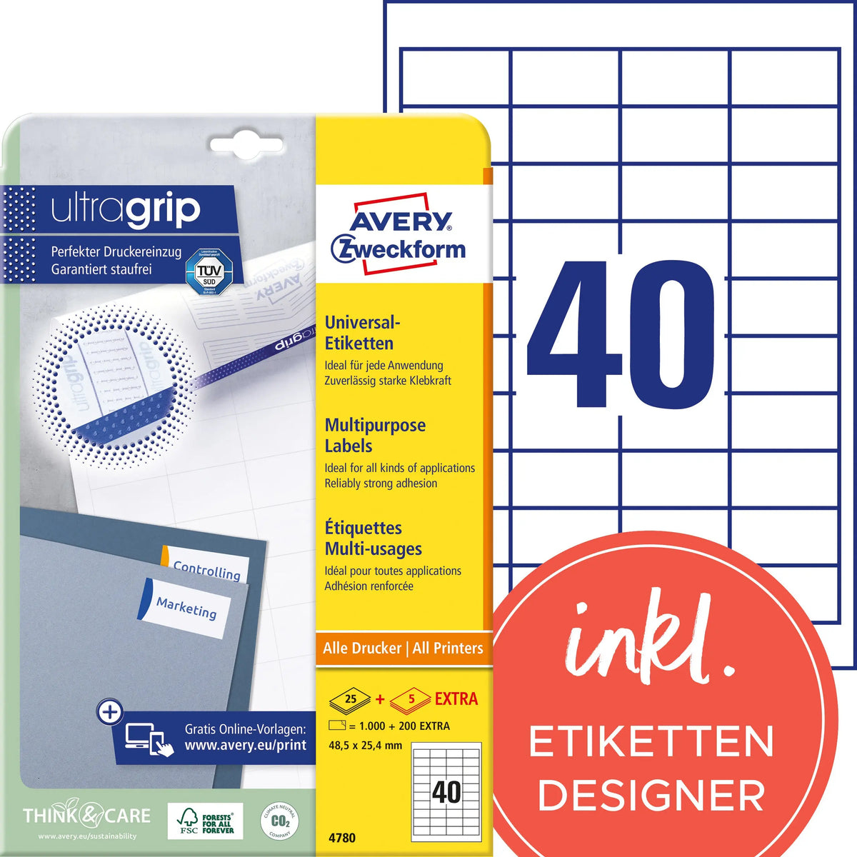AVERY ZWECKFORM Etiketten (1000 Stück) A4 4780 weiss 1200 Stk./25 + 5 Blatt Idealshop