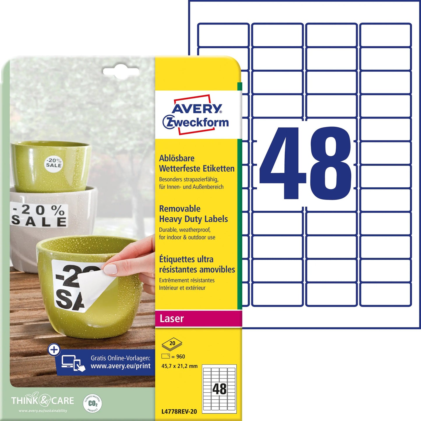 AVERY ZWECKFORM Folienetiketten 45,7x21,2mm L4778REV2 weiss,non-perm. 960 St./20 Bl. Idealshop