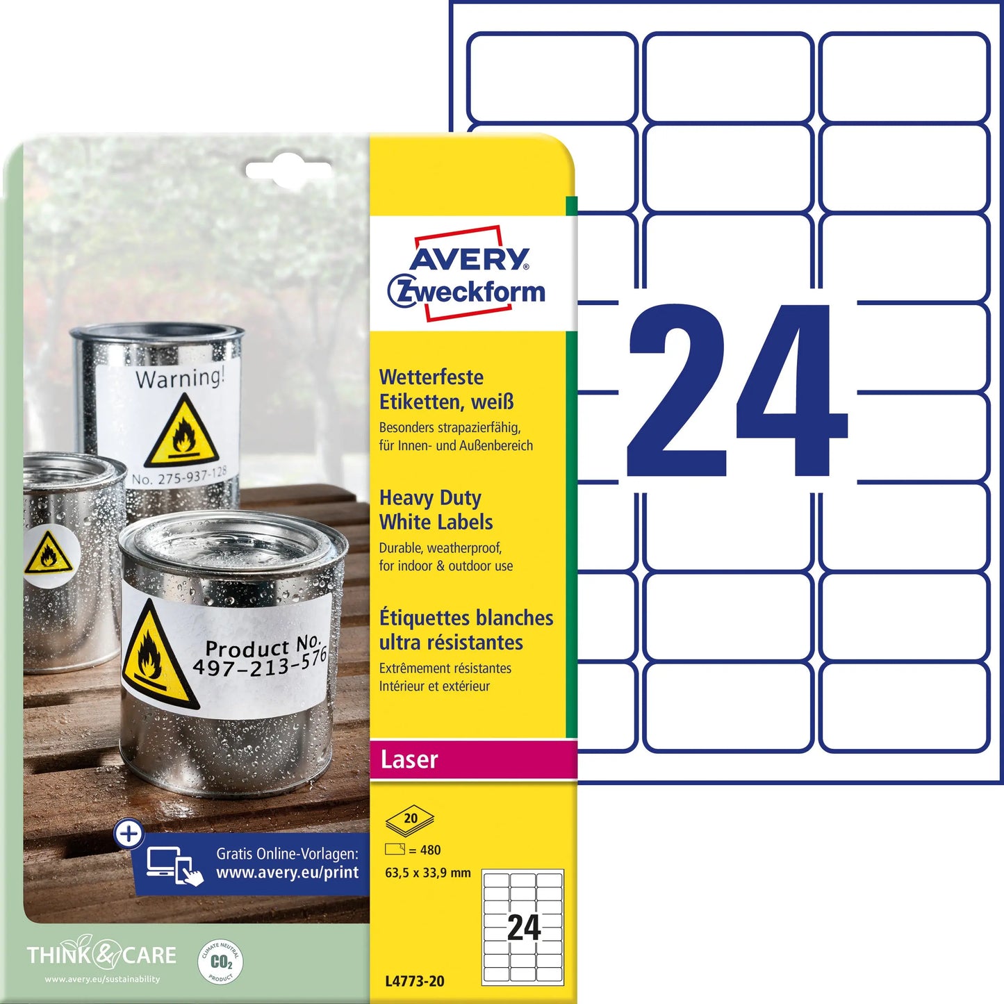AVERY ZWECKFORM Folienetiketten 63,5x33,9mm L4773-20 wetterfest, perm.480Stk./20Bl. Idealshop