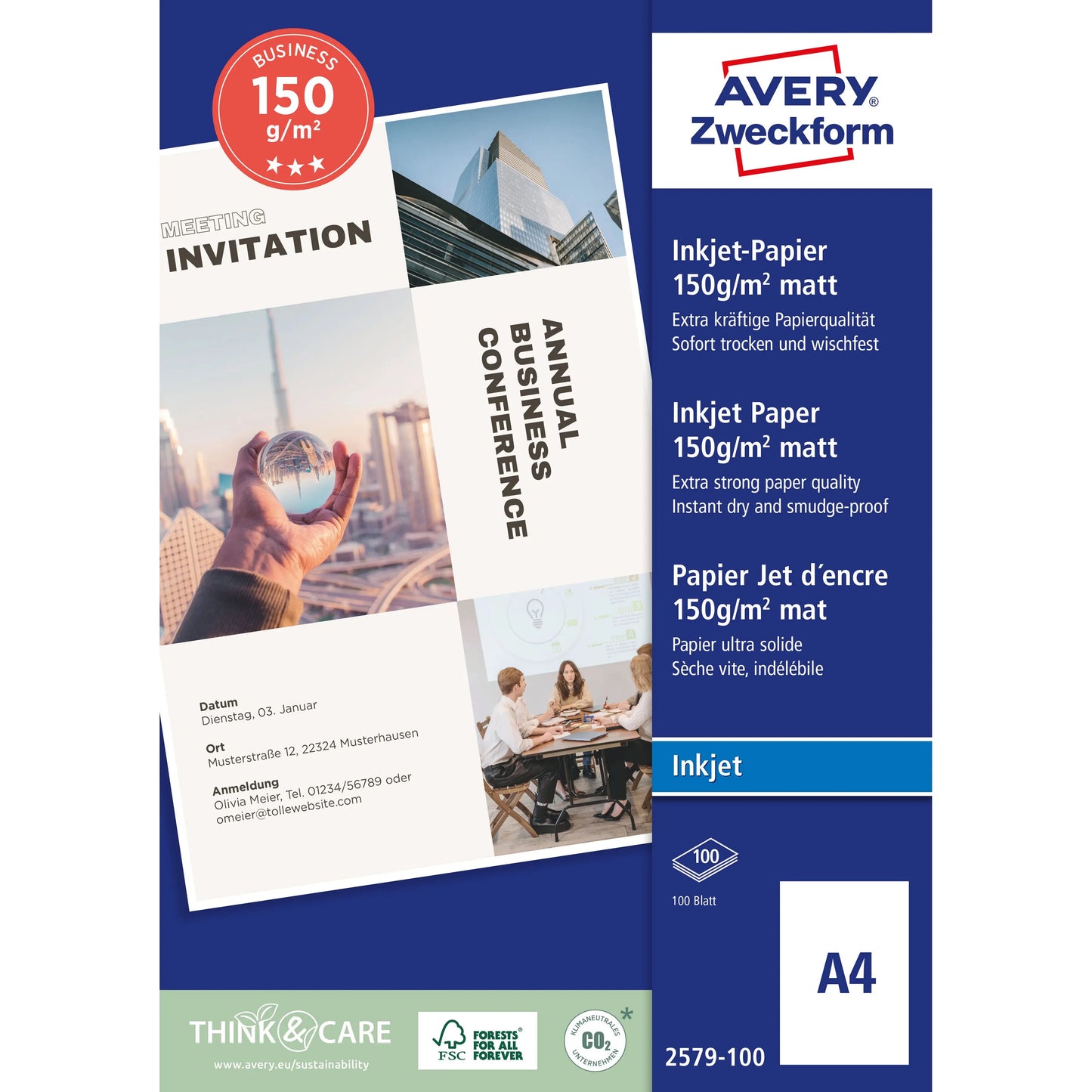 AVERY ZWECKFORM InkJet-Papier A4 2579-100 150g, weiss 100 Blatt Idealshop