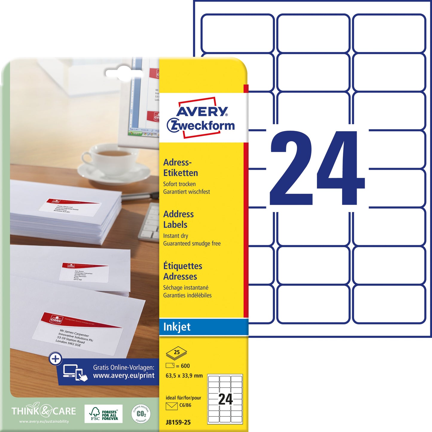 AVERY ZWECKFORM Adressetiketten 63.5x33.9mm J8159-25 weiss 25Bl./24St. Idealshop