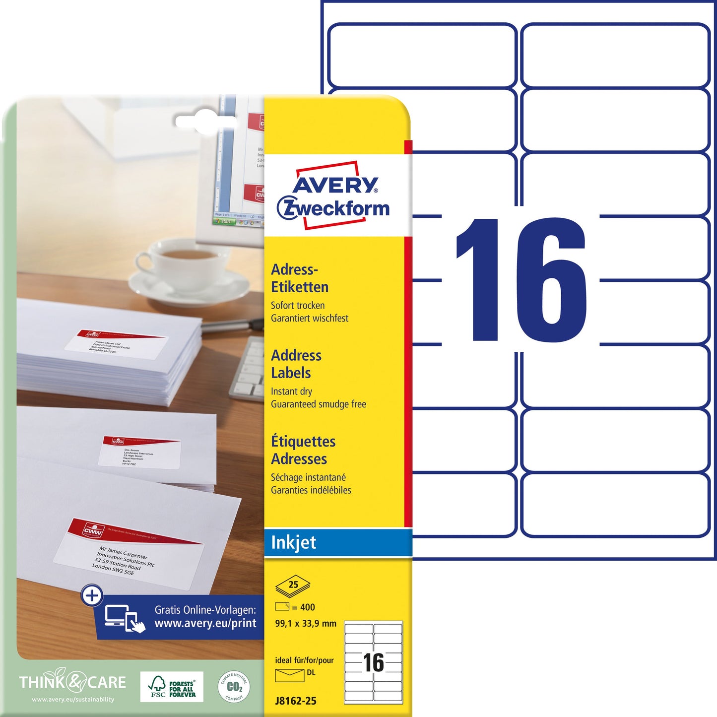 AVERY ZWECKFORM Adressetiketten 99,1x33,9mm J8162-25 weiss 400 Stück Idealshop