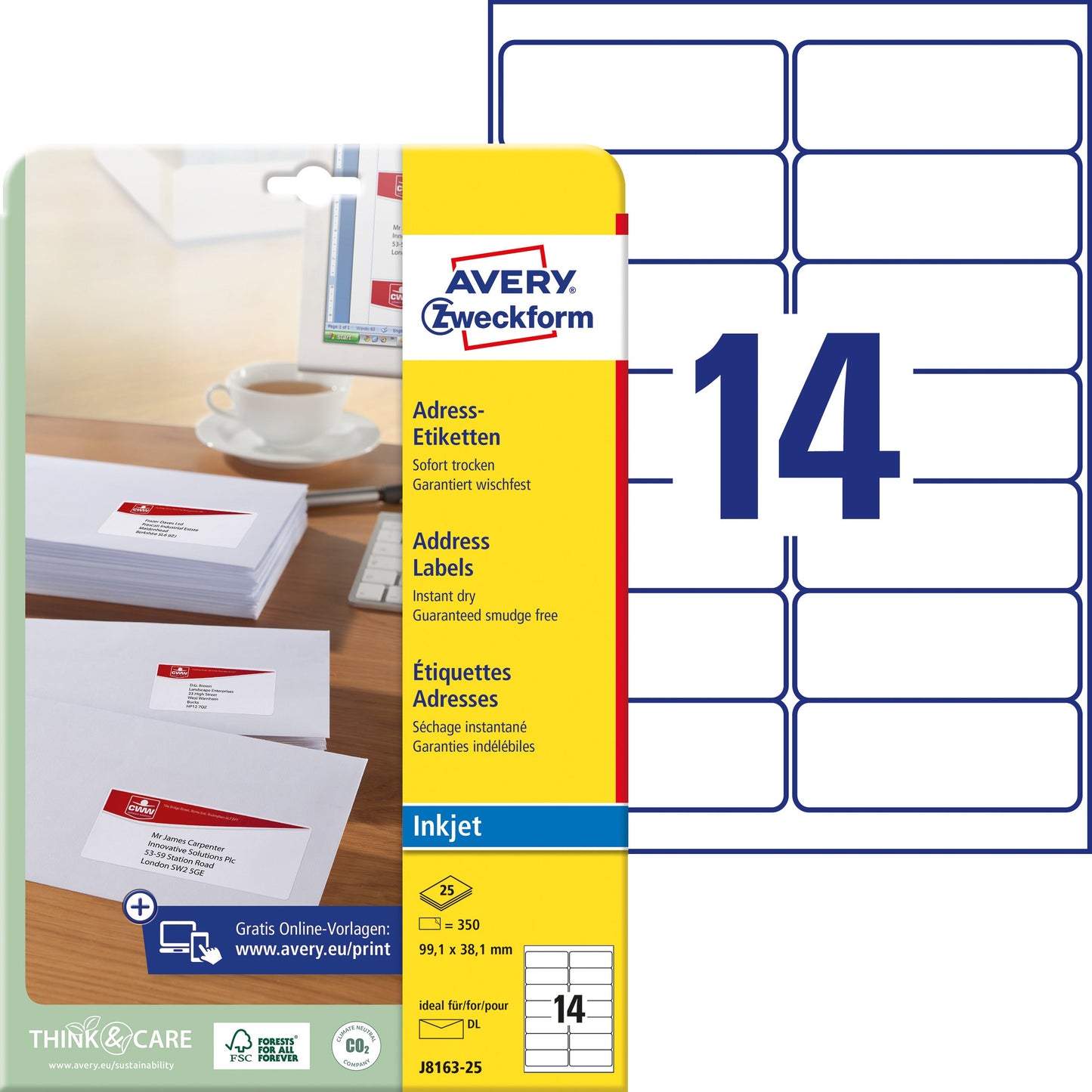 AVERY ZWECKFORM Adressetiketten 99,1x38,1mm J8163-25 weiss 350 Stück Idealshop