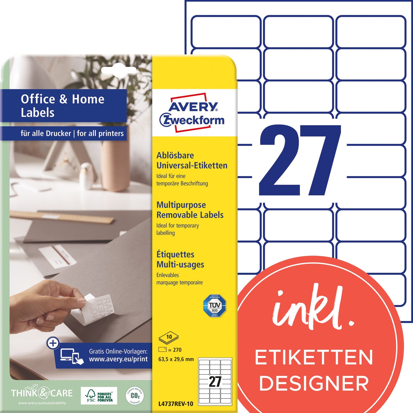 AVERY ZWECKFORM Etiketten 63,5x29,6mm L4737REV1 weiss 270 Stück Idealshop