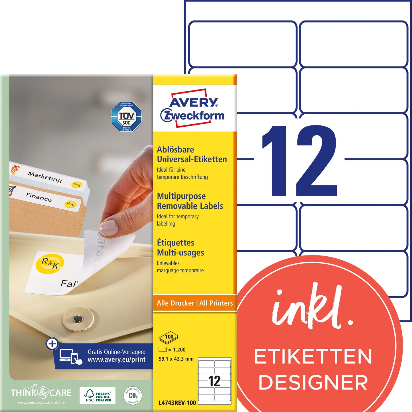 AVERY ZWECKFORM Universaletiketten 99,1x42,3mm L4743REV-100 weiss,non-perm. 1200St./10 B. Idealshop