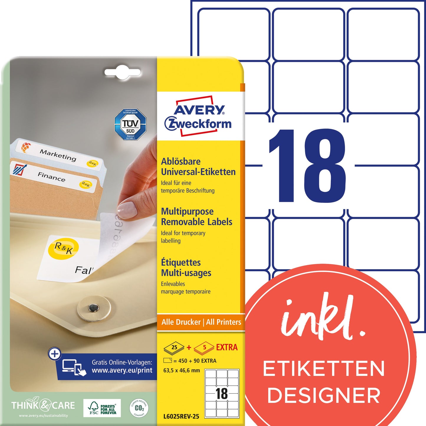 AVERY ZWECKFORM Etiketten 63,5×46,6mm L6025REV2 weiss 540 Stk./25 + 5 Blatt Idealshop