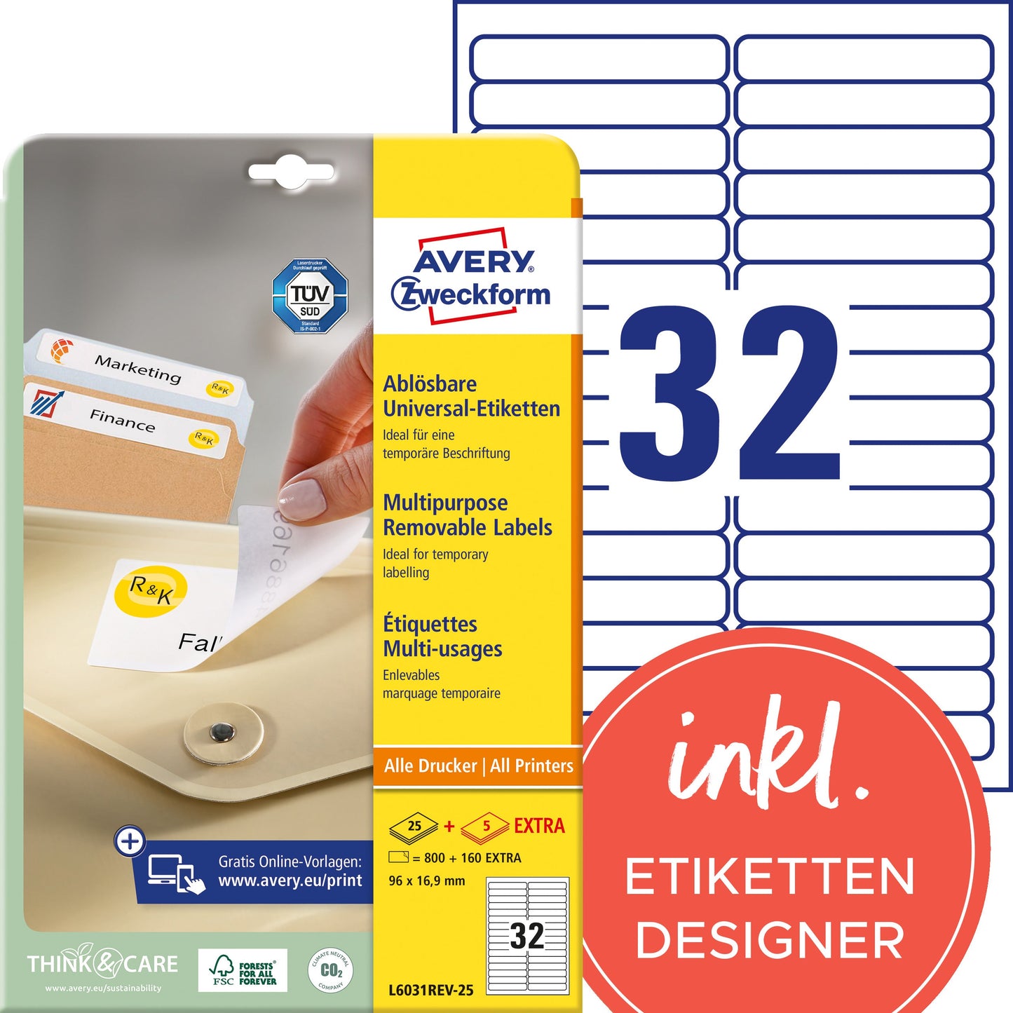 AVERY ZWECKFORM Etiketten 96x16,9mm L6031REV2 weiss 960 Stk./25 + 5 Blatt Idealshop