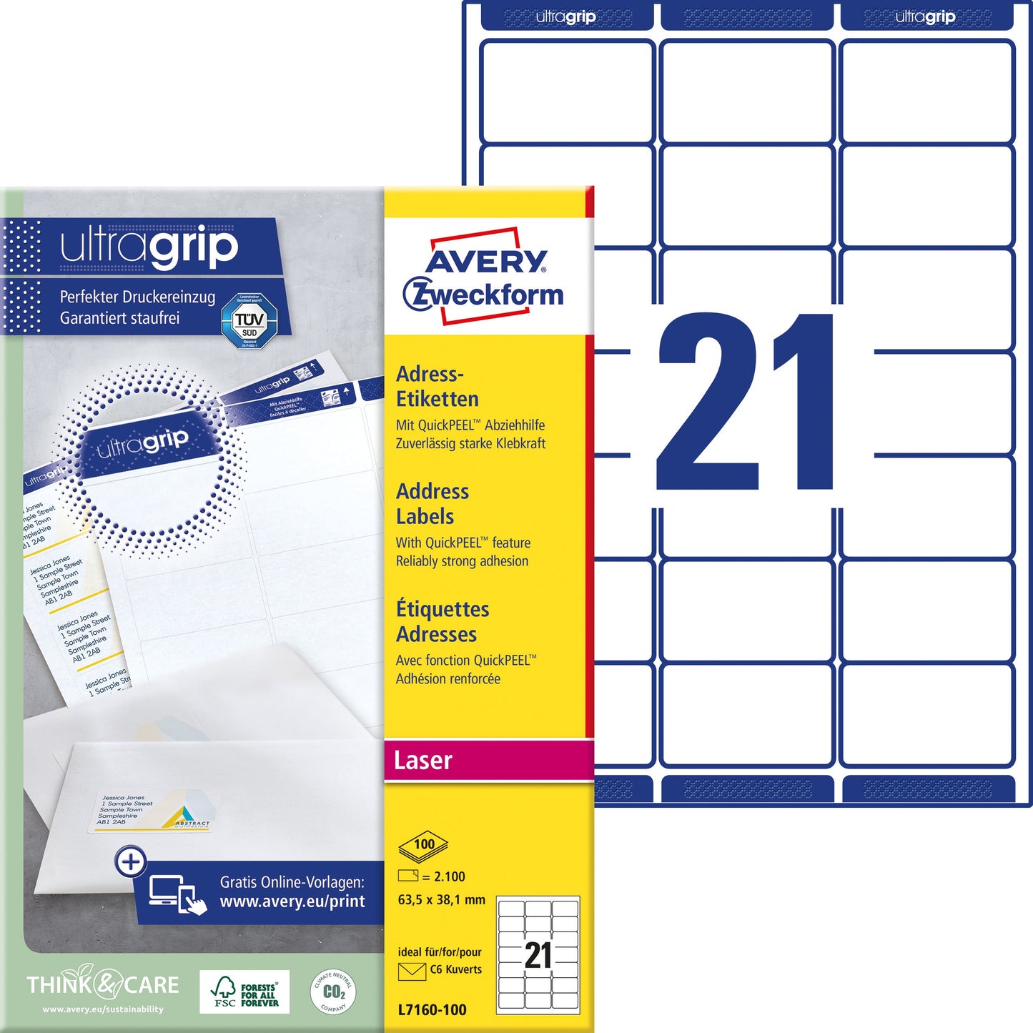 AVERY ZWECKFORM Adressetiketten 63,5x38,1mm L7160-100 weiss 2100 Stk./100 Blatt Idealshop