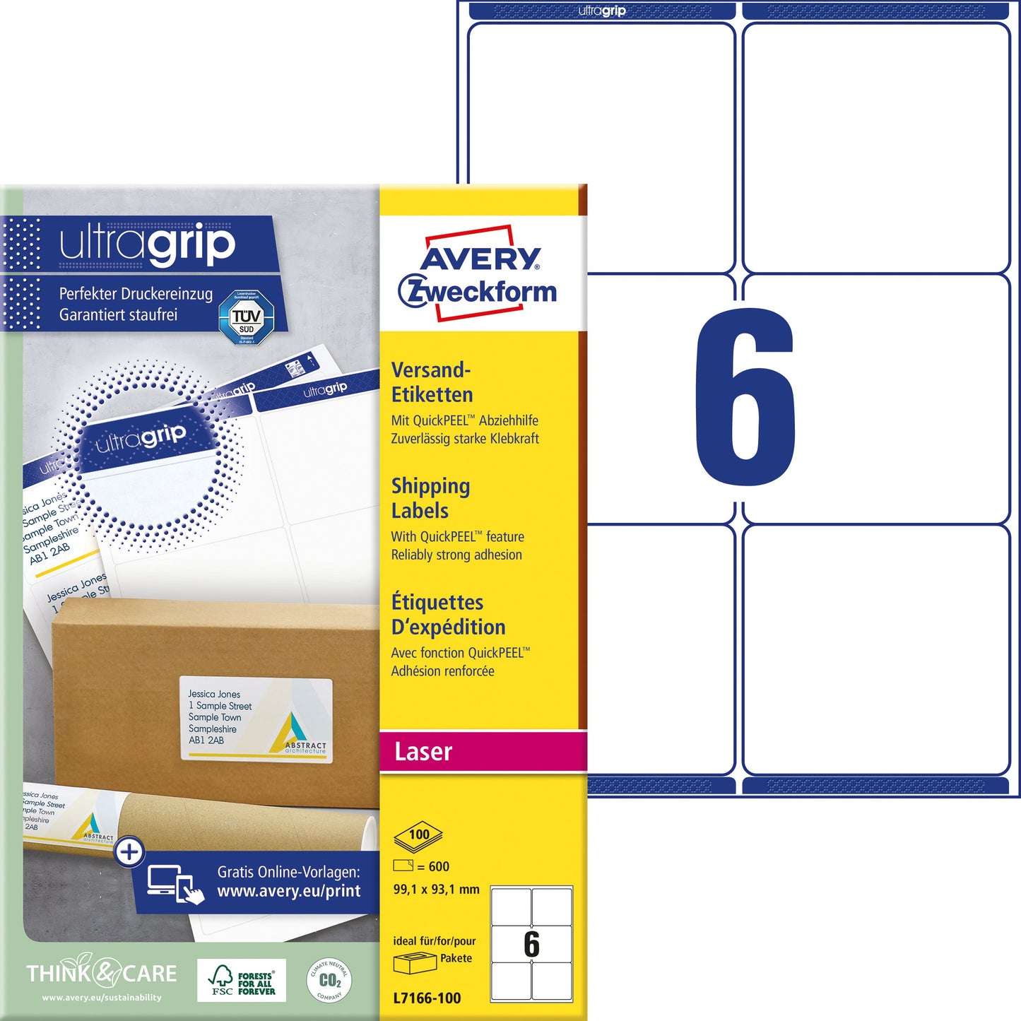AVERY ZWECKFORM Versand-Etiketten 99,1x93,1mm L7166-100 weiss 600 Stk./100 Blatt Idealshop