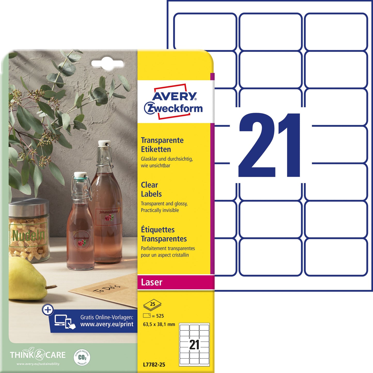 AVERY ZWECKFORM Etiketten 63,5x38,1mm L7782-25 transparent 525 Stück Idealshop