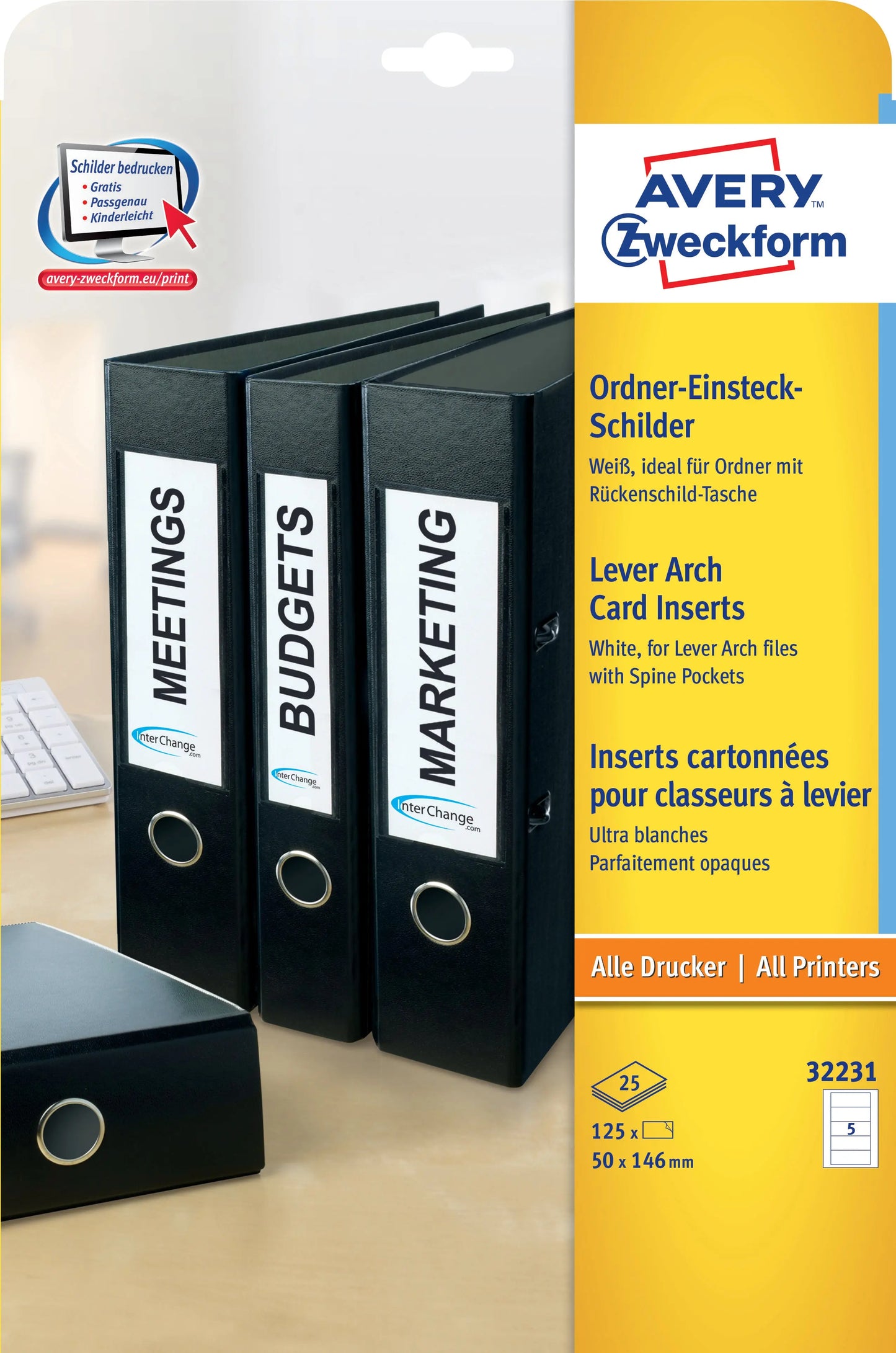 AVERY ZWECKFORM Rückenschild Ordner 50x146mm 32231Z weiss 125 Stück/25 Blatt Idealshop