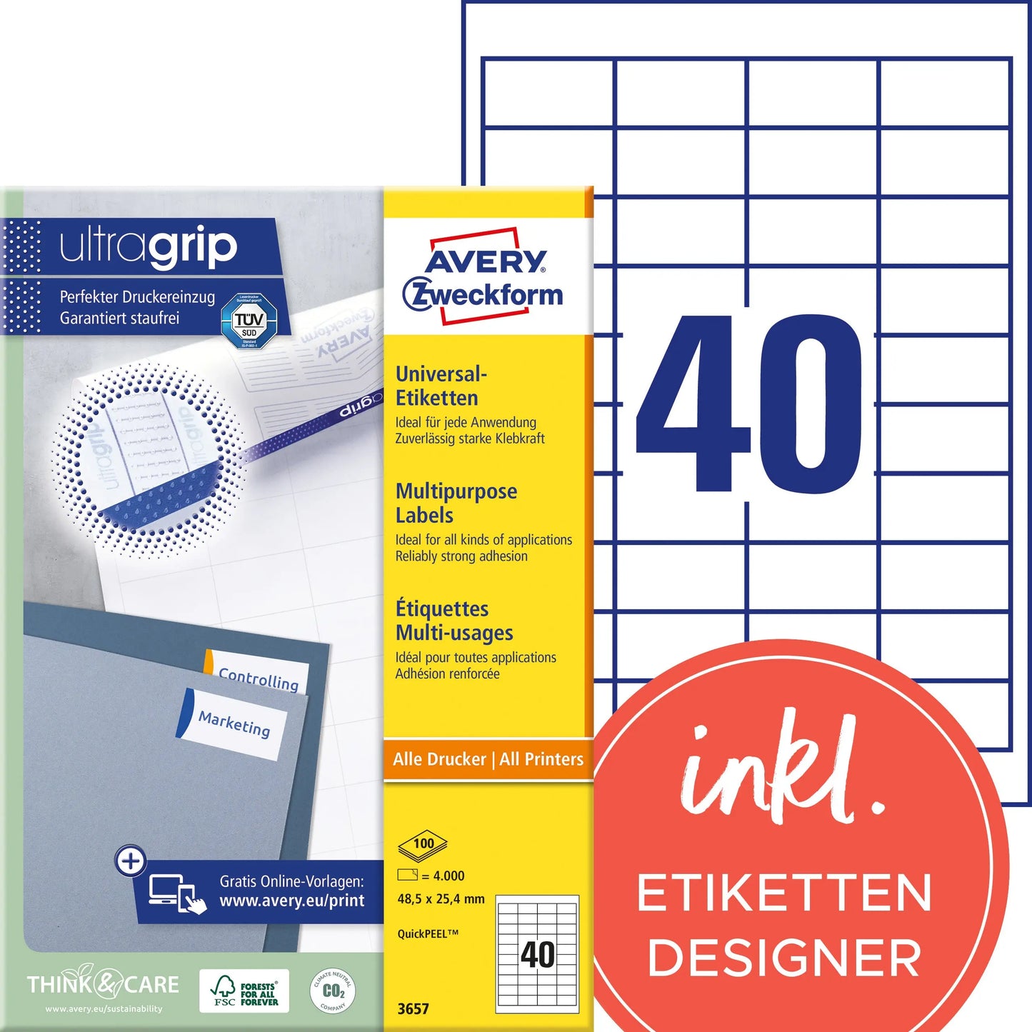 AVERY ZWECKFORM Universal-Etikett. 48,5x25,4mm 3657 weiss 4000 Stk./100 Blatt Idealshop