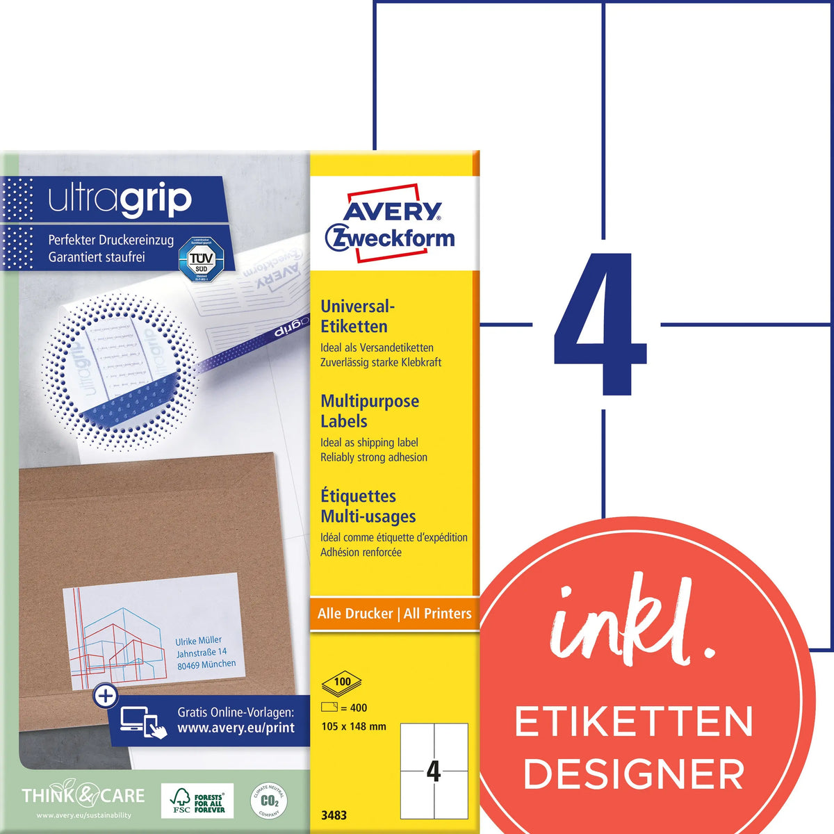 AVERY ZWECKFORM Universal-Etiketten 105x148mm 3483 weiss 400 Stk./100 Blatt Idealshop
