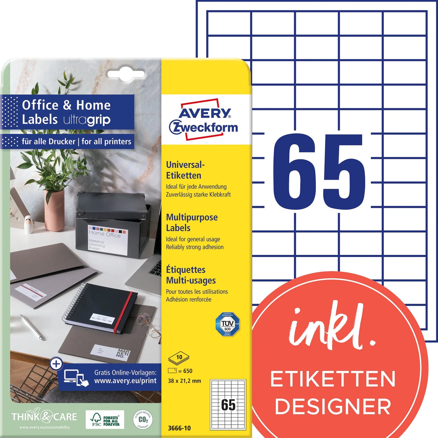 AVERY ZWECKFORM Universal-Etiketten 38x21,2mm 3666-10 weiss 650 Stk./10 Blatt Idealshop