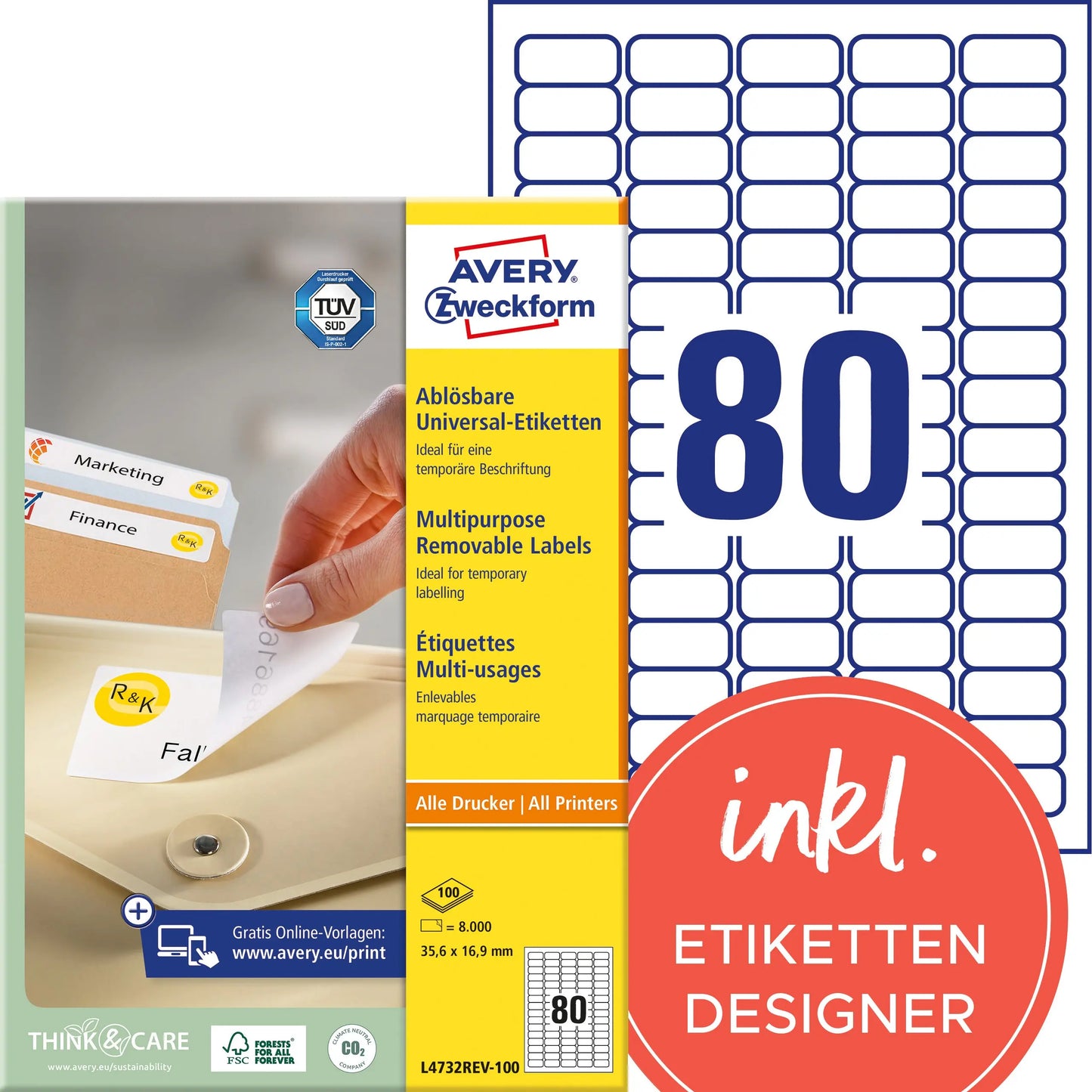 AVERY ZWECKFORM Universaletiketten 35,6x16,9mm L4732REV-100 weiss,non-perm. 8000S./100B. Idealshop