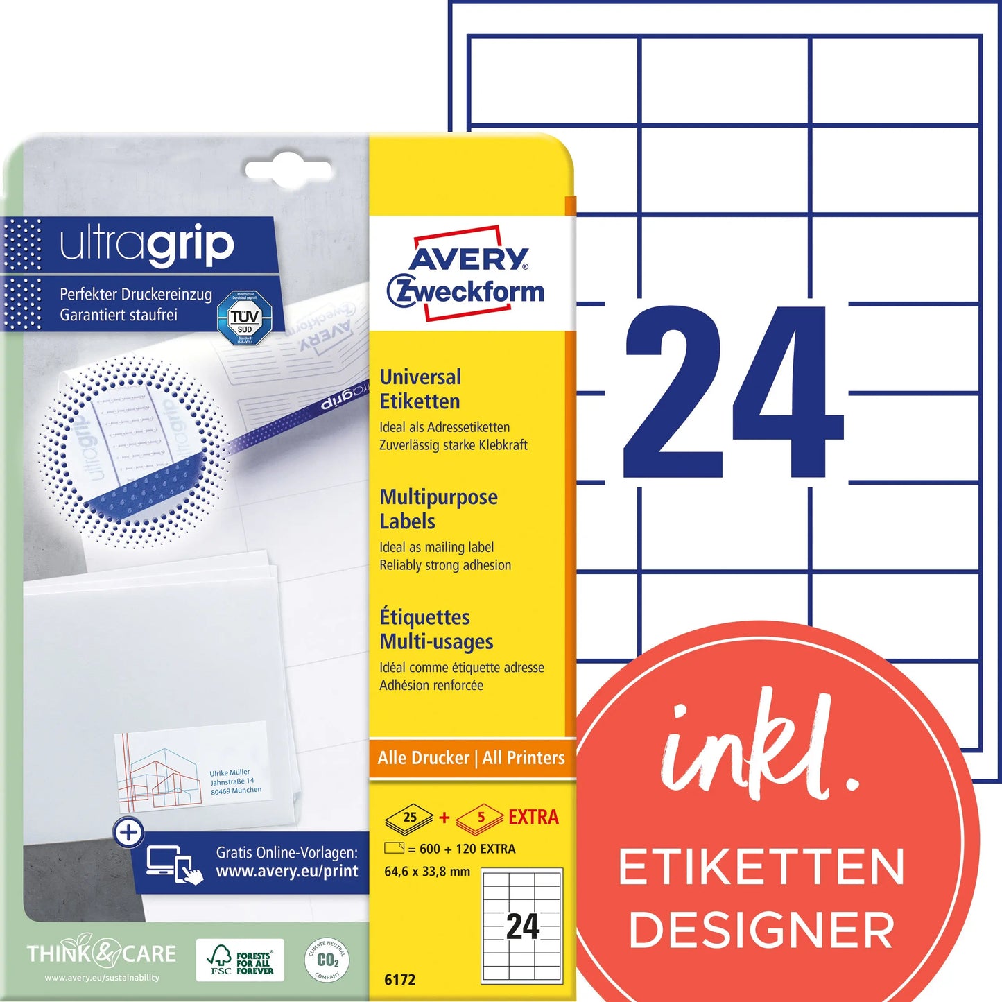 AVERY ZWECKFORM Universaletiketten 64,6x33,8mm 6172 weiss 720 Stk./25 + 5 Blatt Idealshop