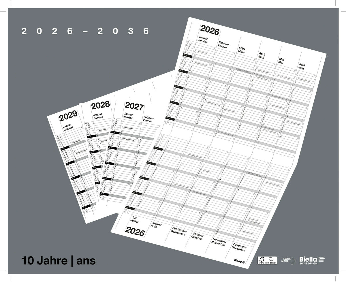BIELLA 10-Jahreskalender Wire-O 2026 878310000026U 1J/2S grau DE/FR 30x24cm Idealshop