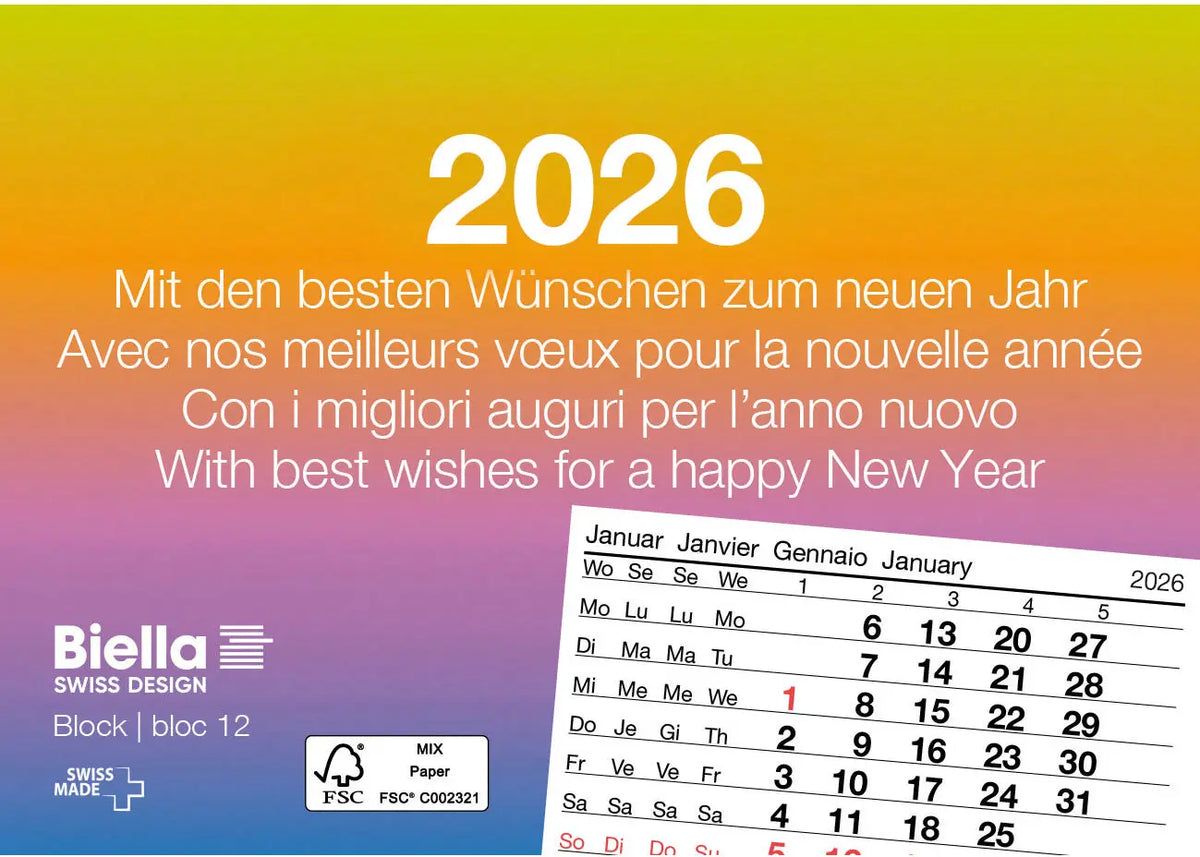 BIELLA Abreissblock Nr.12 2026 889012000026U 1M/1S mehrfarbig ML 11x7.7cm Idealshop