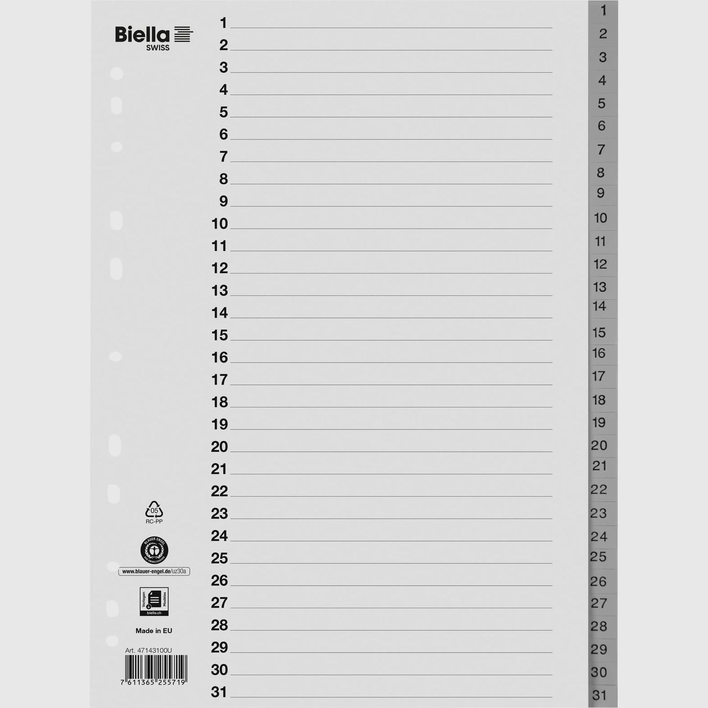 BIELLA Register PP A4 47143100U grau 1-31 Idealshop