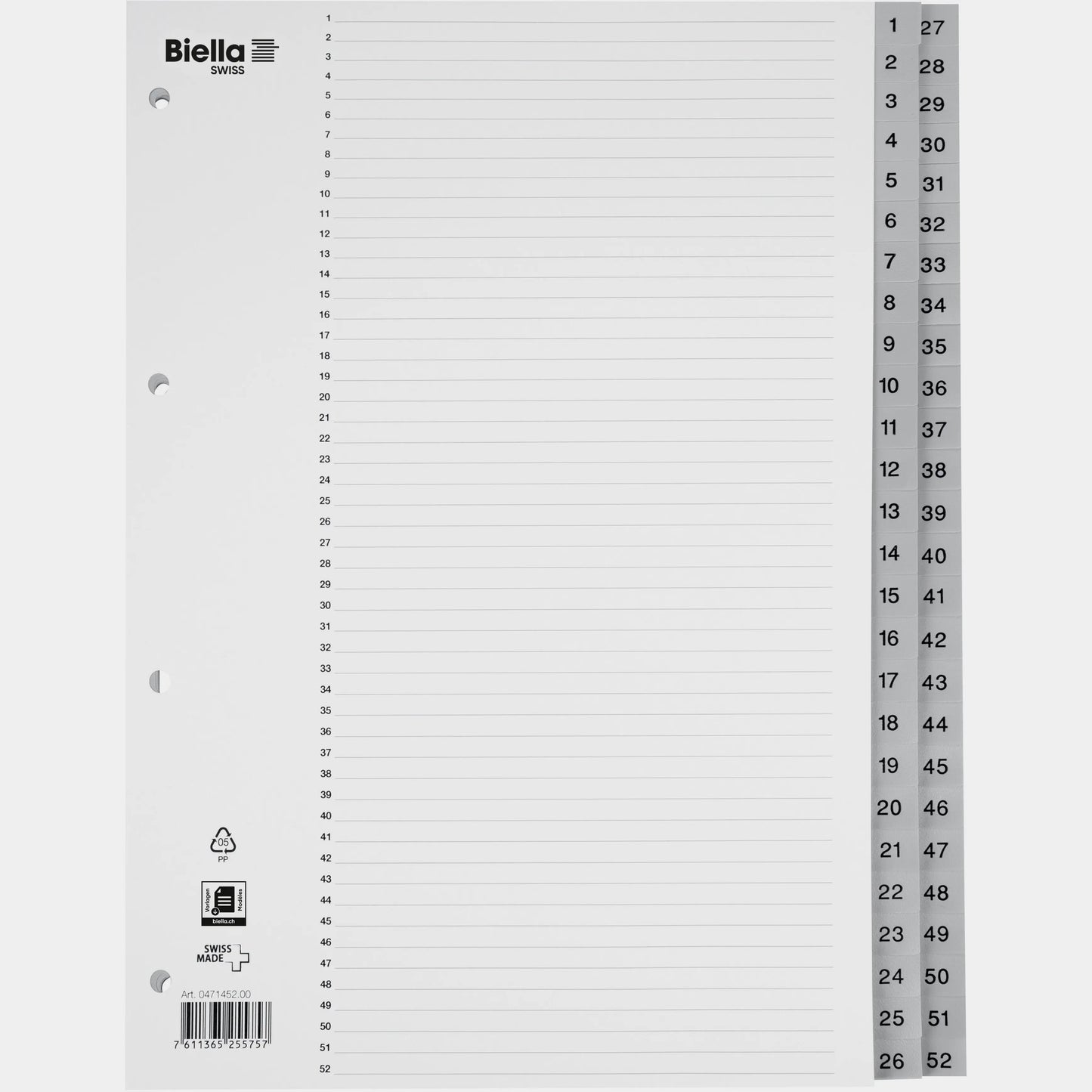 BIELLA Register PP A4 47145200U grau 1-52 Idealshop
