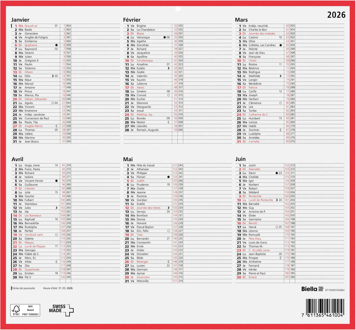 BIELLA Wandkalender 2026 871006910026U 6M/1S rot/weiss FR 32x29.7cm Idealshop