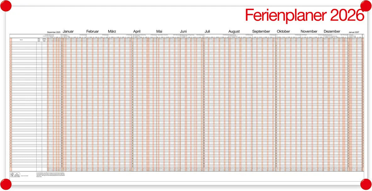 BÜHNER Ferienplaner DE 2026 UP12-CH-R-FS für 49 Mitarbeiter 99x49cm Idealshop