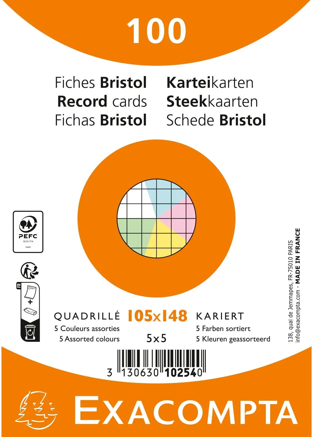 EXACOMPTA Karteikarten kariert A6 10254E farbig assortiert 100 Stück Idealshop