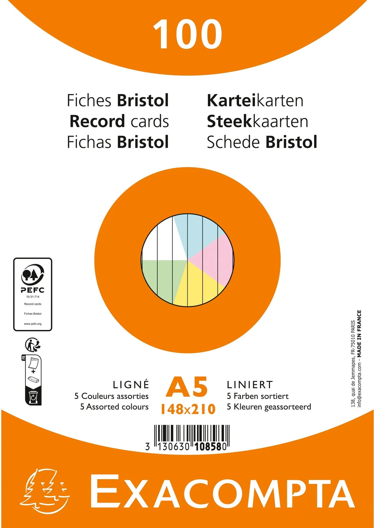 EXACOMPTA Karteikarten liniert A5 10858E farbig assortiert 100 Stück Idealshop