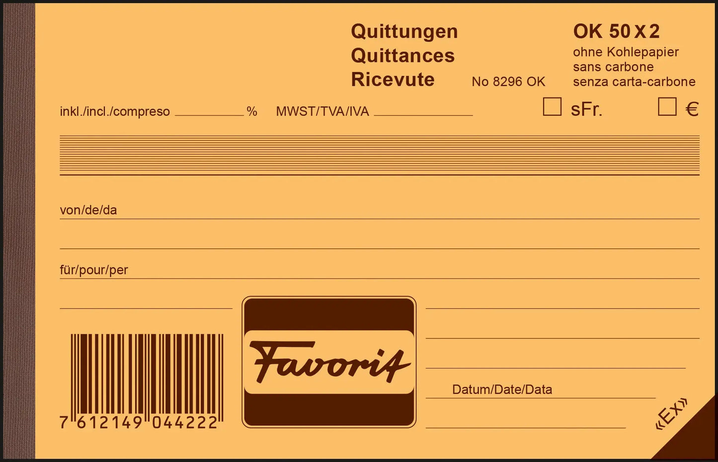 FAVORIT Quittungen D/F/I A20 8296OK blau/weiss 50x2 Blatt Idealshop
