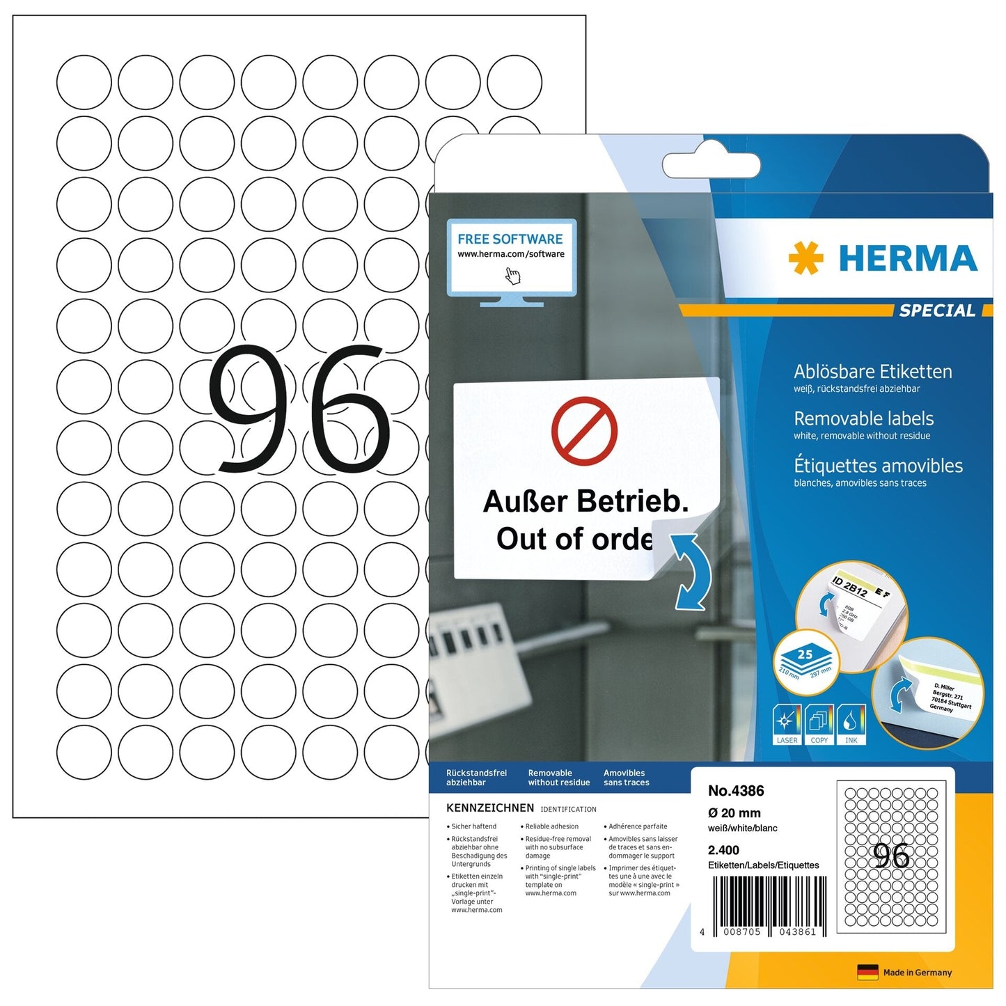 HERMA Etiketten Ablösbar 20mm 4386 weiss, non perm. 2400 Stück Idealshop
