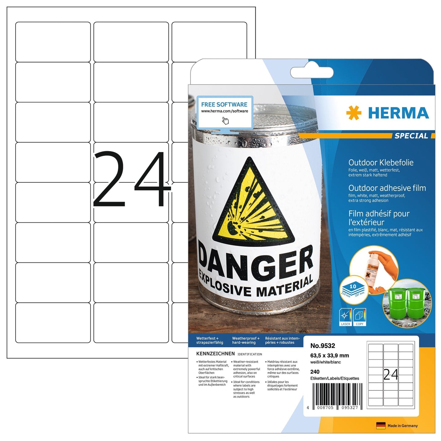 HERMA Outdoor Etikett.PP 63,5x33,9mm 9532 weiss 240 St./10 Blatt Idealshop