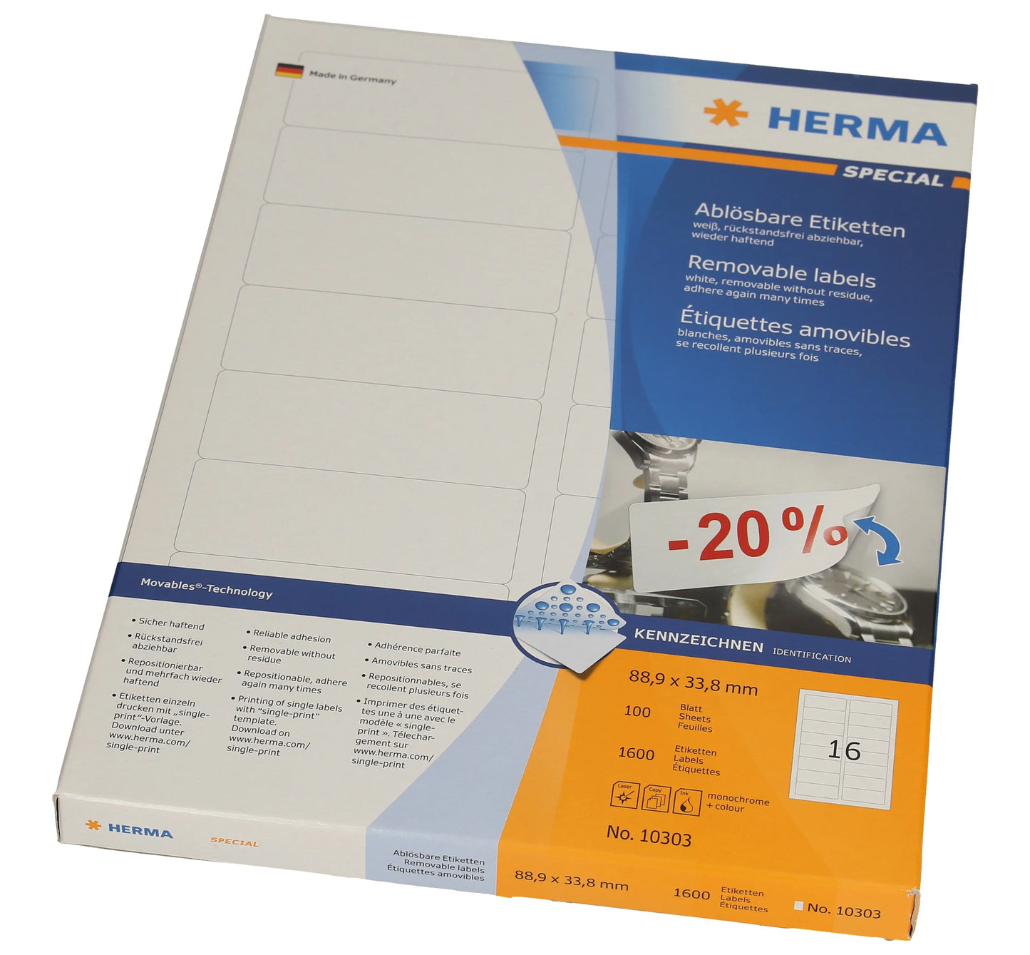 HERMA Etiketten 88.9x 33.8mm 10303 weiss 1600 Stück, 100 Blatt Idealshop