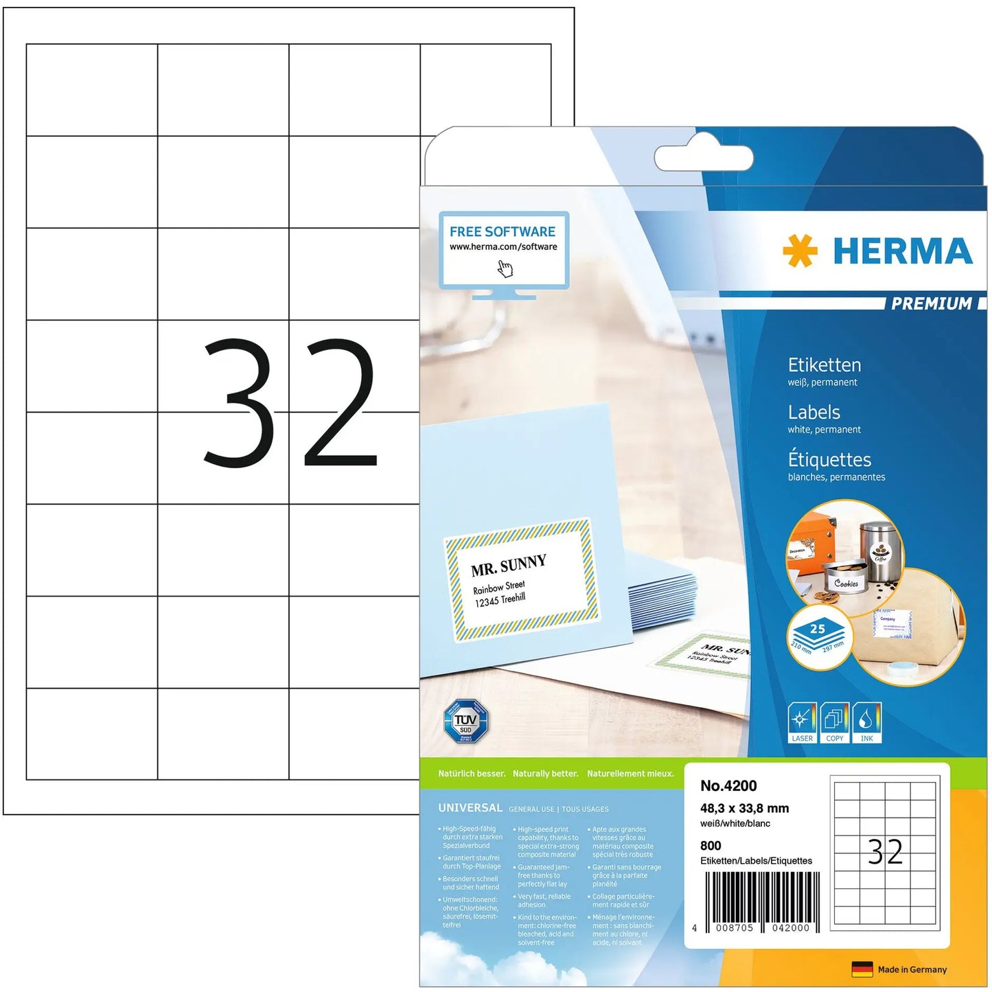 HERMA Etiketten PREMIUM 48.3x33.8mm 4200 weiss,perm. 800 St./25 Bl. Idealshop